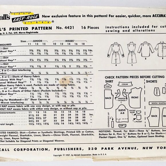 Vtg McCalls 4421 Misses Shirt & Bermuda Shorts Pattern Sz 16 CUT/COMPLETE 1957 - Picture 2 of 2